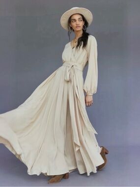 Anthropologie Erika Pena Cream Wrap Maxi Dress Boho L/XL NWT